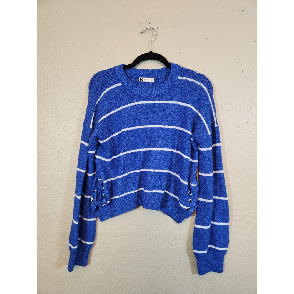 SO Womens S Blue Striped Sweater Lace Up Sides Long Sleeve Crew Neck Pullover